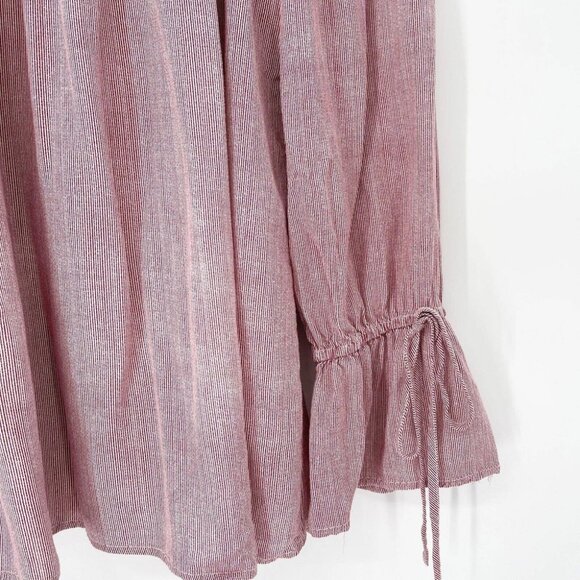 Stripe Off the Shoulder Blouse Sz M Red Smocked Bell Sleeve Tie Boho - Picture 4 of 5